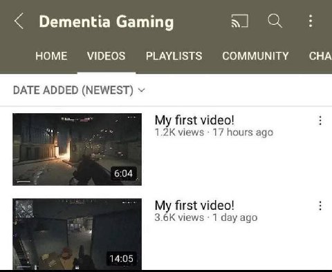 Dementia Gaming HOME VIDEOS PLAYLISTS COMMUNITY CHA DATE ADDED (NEWEST) My first video! views 17 hours ago My first video! views 1 day ago 14:05