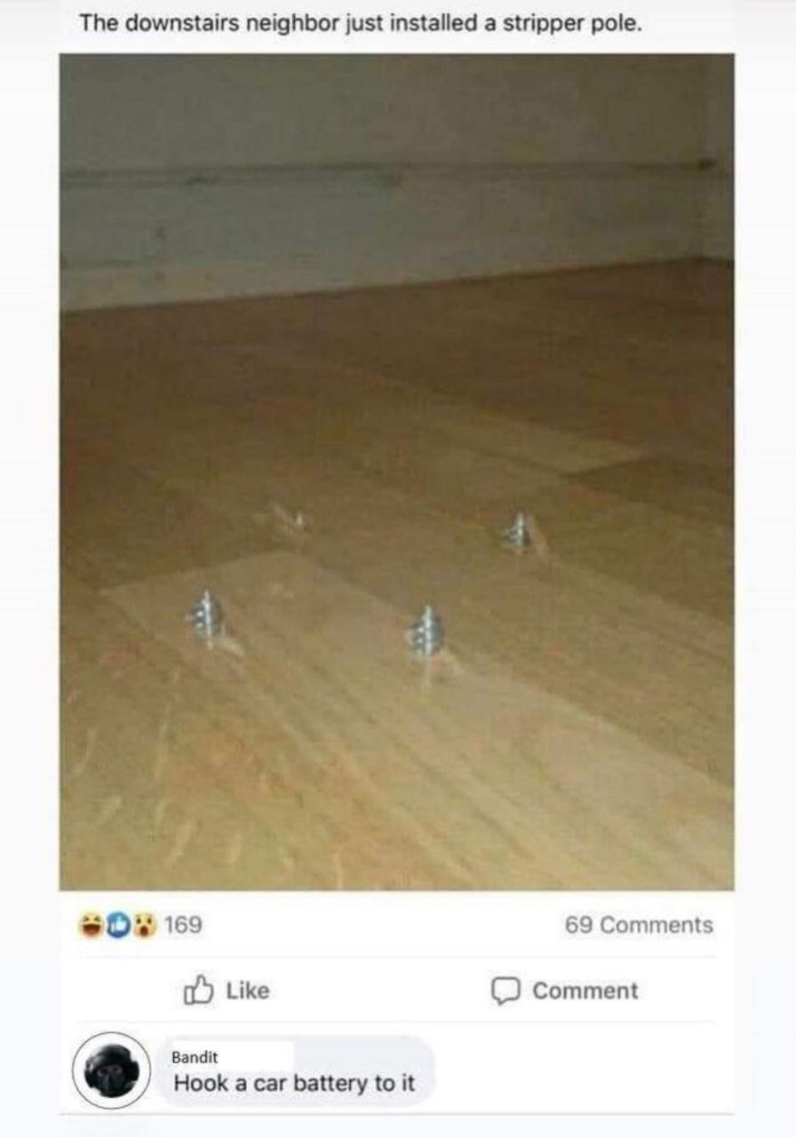 The downstairs neighbor just installed a stripper pole. 169 69 Comments Like Comment Bandit Hook а car battery to it