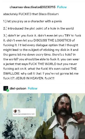 chaumas-deactivated20230115 Follow absolutely FUCKED that Disco Elysium 1.) let you play as a character with a penis 2.) introduced the plot point of a hole in the world 3.) didn’t let you fuck it. di
