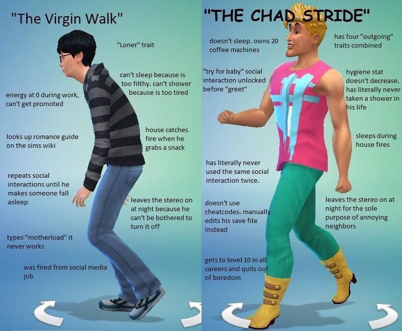 "THE CHAD. STRIDE" и The Virgin Walk THE CHAD.ST. has four "outgoing' oner" trait doesn't sleep. owns 20 ihe coffee machines can't sleep because is for baby” social hygiene stat interaction unlocked d