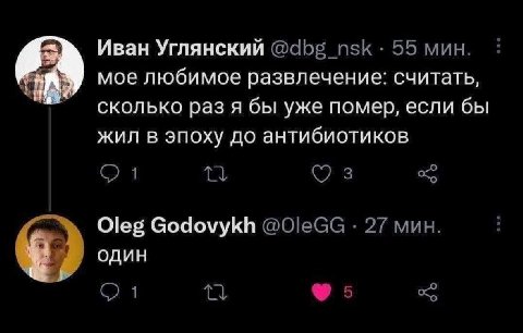 Иван Углянский 55 мин. мое любимое развлечение: считать, сколько раз я бы уже помер, если бы жил в эпоху до антибиотиков 1 3 Oleg Godovykh 27 мин. 7 один 1 5