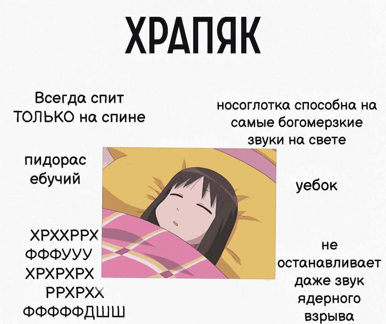ХРАПЯК Всегда спит носоглотка способна. на ТОЛЬКО на спине самые богомерзкие звуки на свете пидорас ебучий уебок ХРХХРРХ [i не XPXPXPX останавливает даже звук РРХРХХ ядерного ФФФФФДШШ взрыва