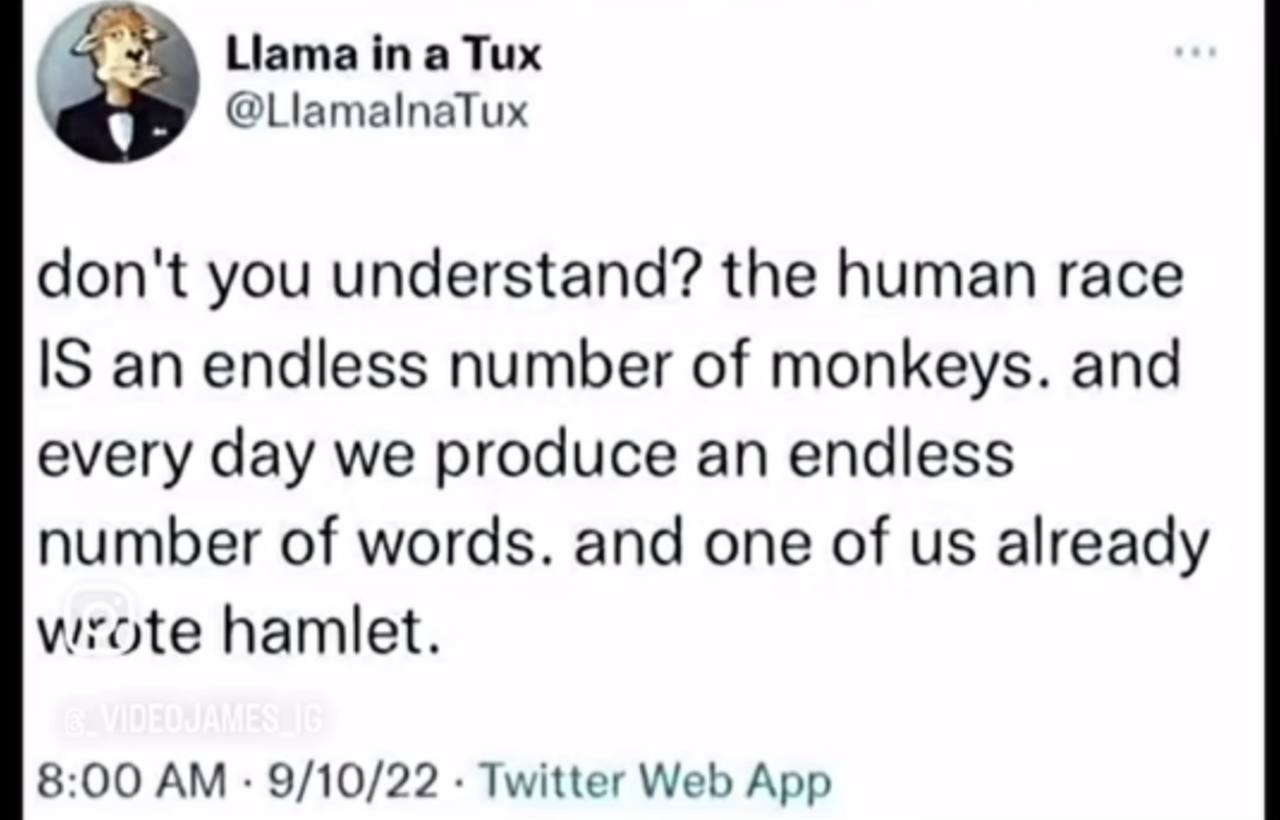 Ната a Tux @LlamalnaTux don't you understand? the human race IS an endless number of monkeys. and every day we produce an endless number of words. and one of already wrote hamlet. 8:00 9/10/22 Twitter
