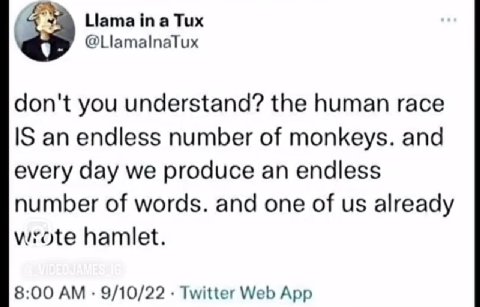 Ната a Tux @LlamalnaTux don't you understand? the human race IS an endless number of monkeys. and every day we produce an endless number of words. and one of already wrote hamlet. 8:00 9/10/22 Twitter