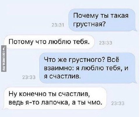 Почему ты такая грустная? Потому что люблю тебя. Что же грустного? Всё взаимно: я люблю тебя, и я счастлив. Ну конечно ты счастлив, ведь я-то лапочка, аты чмо.