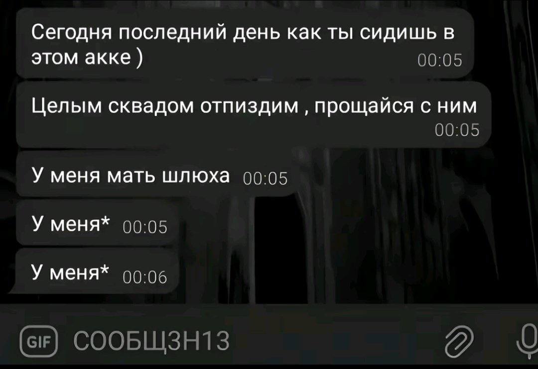 Сегодня последний день как ты сидишь в этом акке 00:05 Целым сквадом отпиздим прощайся с ним 00:05 У меня мать шлюха 00:05 У меня* 00:05 У меня* 00:06 СООБЩЗН1З