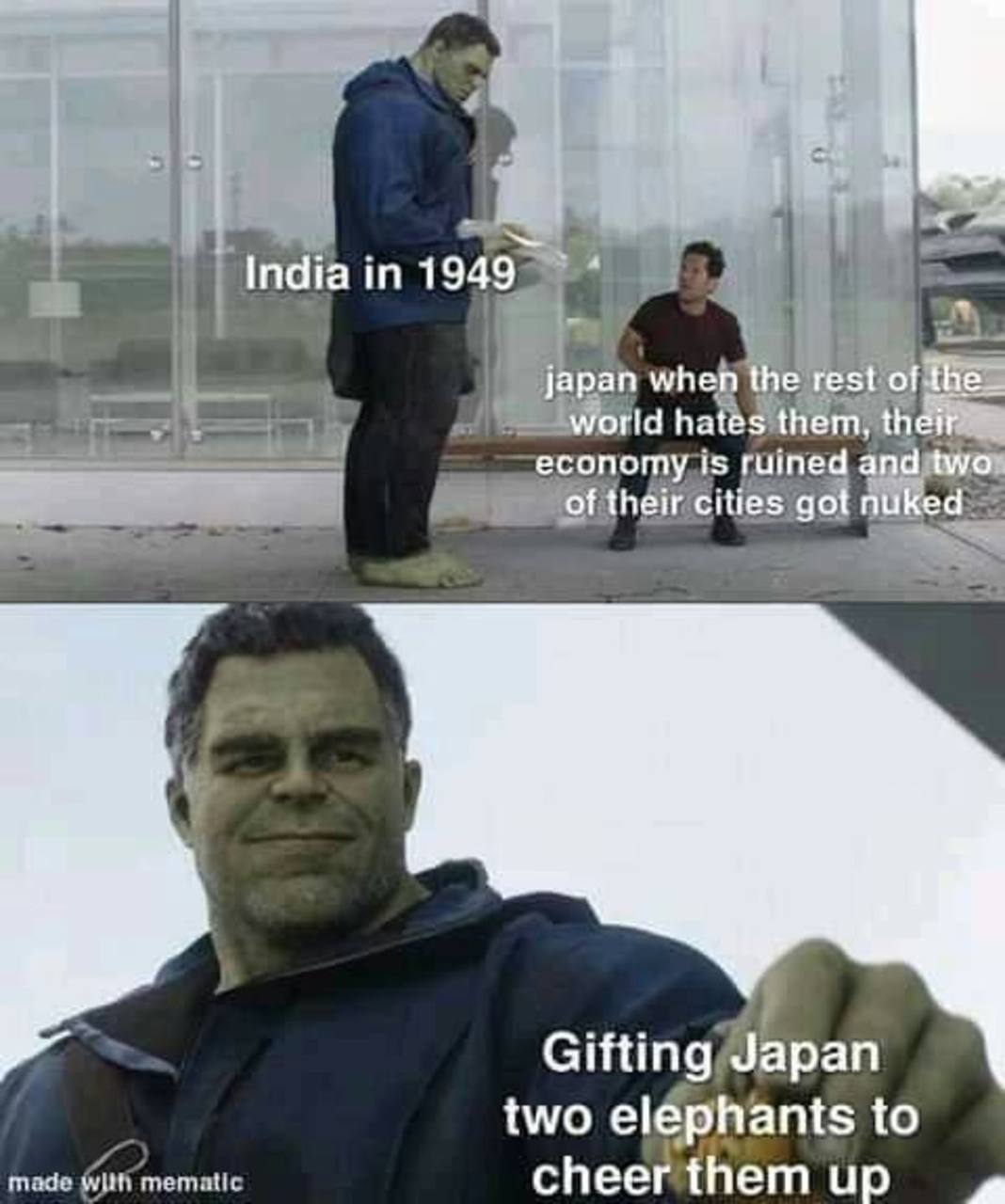 4 у Indiain1949 japan when the rest of the world hates them, their economy is ruined and two of their cities got nuked Gifting Japan two elephants to cheerthemup