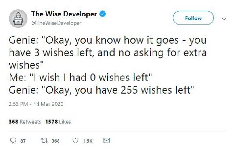 The Wise Developer @TheWiseDeveloper Genie: "Okay, you know how it goes you have 3 wishes left, and no asking for extra wishes" Me: wish had 0 wishes left" Genie: "Okay, you have 255 wishes left" 2:53