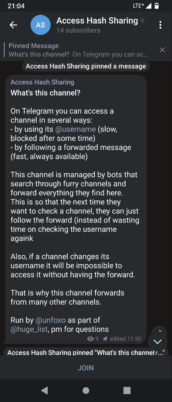 21:04 LTE+ 9 Access Hash Sharing Я 4 subscribers Pinned Message What's this channel? On Telegram you can Access Hash Sharing pinned a message Access Hash Sharing What's this channel? On Telegram you c