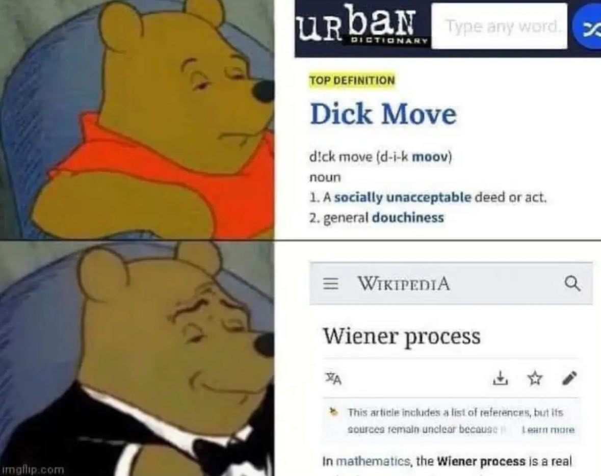 TIONAR TOP DEFINITION Dick Move dick move (d-i-k moov) noun 1. unacceptable deed or act. 2. general douchiness Wiener process This inchices a lis of references, sources becaus more in mathematics, the