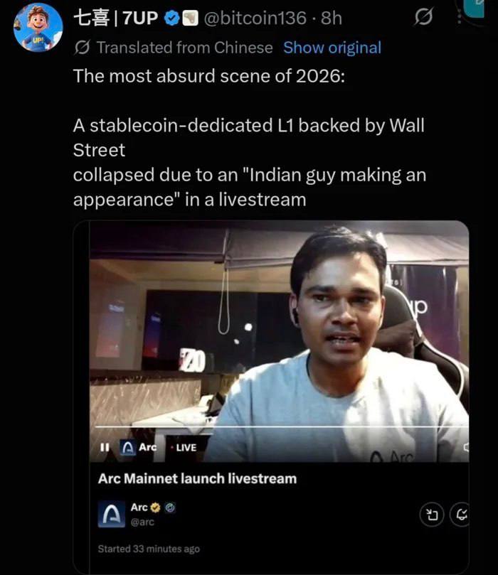 +3 7UP Translated from Chinese Show original The most absurd scene of 2026: A stablecoin-dedicated backed Wall Street collapsed due to an "Indian guy making an appearance" in Arc Mainnet launch livest
