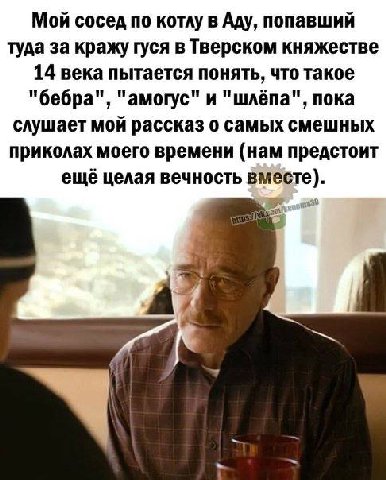 Мой сосед по котлу в Аду, попавший туда за кражу гуся в Тверском княжестве 14 века пытается понять, что такое "бебра", "амогус" и "шлёпа", пока слушает мой рассказ о самых смешных приколах моего време