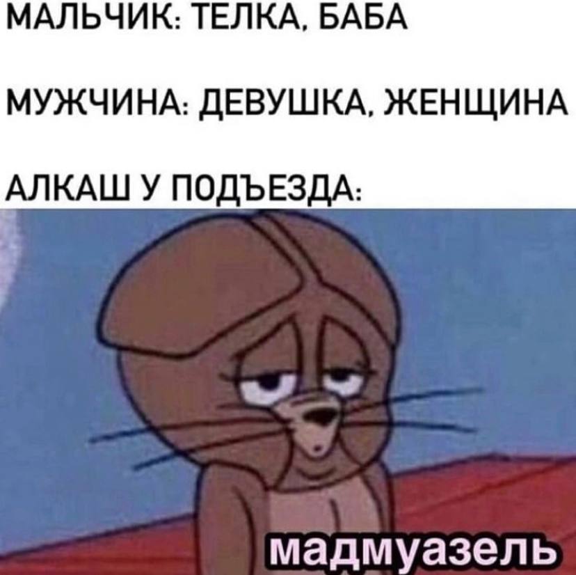 МАЛЬЧИК: ТЕЛКА, БАБА МУЖЧИНА: ДЕВУШКА, ЖЕНЩИНА АЛКАШ У ПОДЪЕЗДА: мадмуазель