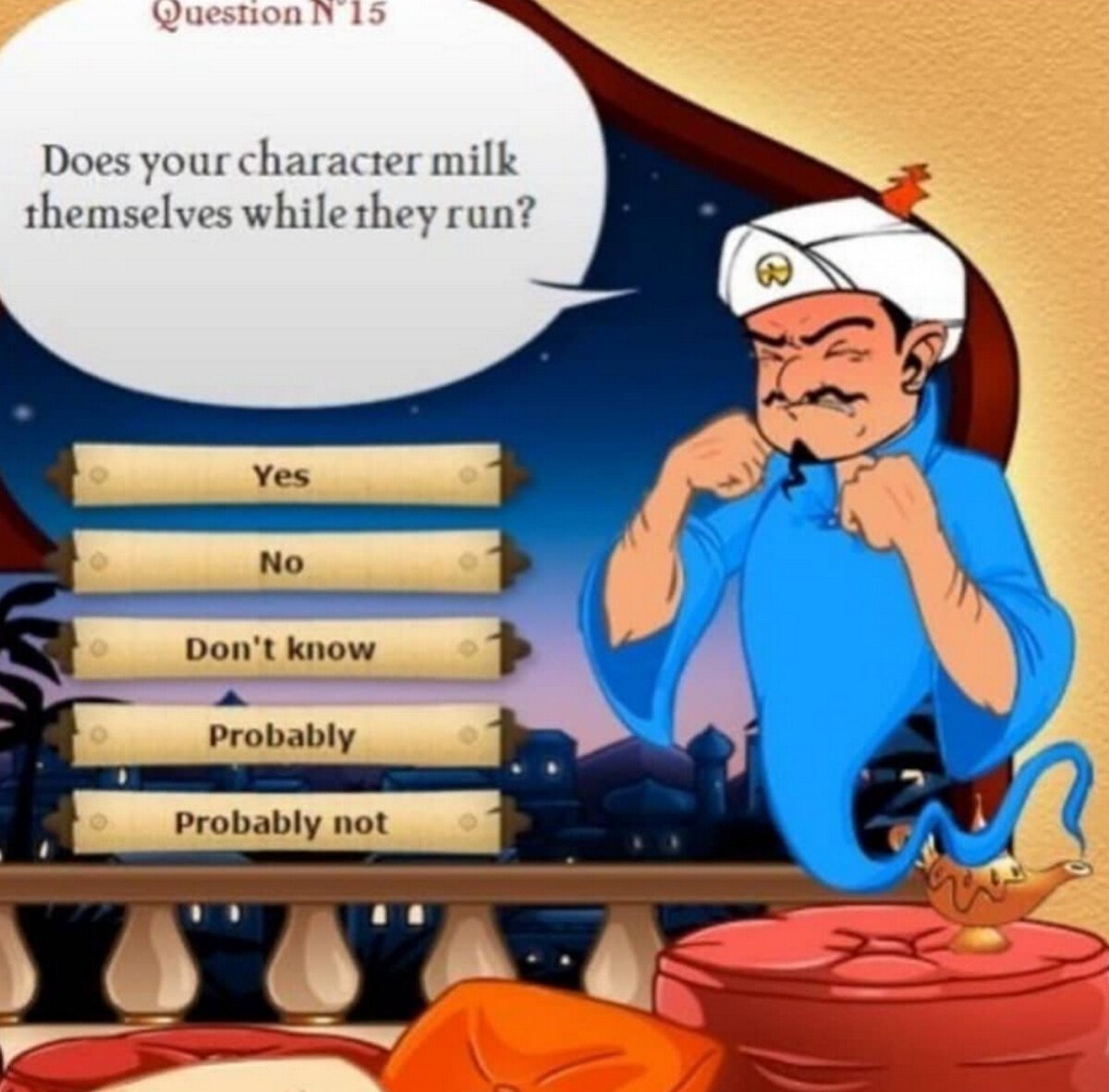 Wuestion 15 Does your character milk themselves while they run? [55 Probably not