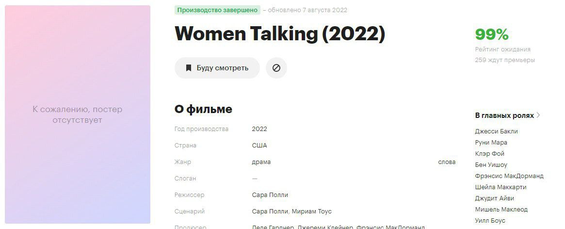 Производство завершено -с Women Talking (2022) 99% Я Буду смотреть К сожалению, постер фильме В главных ролях отсутствует 2022 Джесси Бакли страна США Руни Мара Клэр Фой Жанр драма слова Бен Уишоу Фрэ