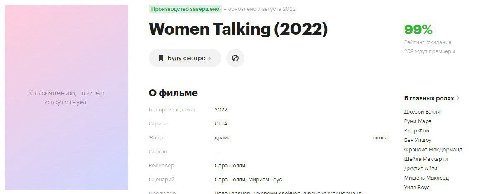 Производство завершено -с Women Talking (2022) 99% Я Буду смотреть К сожалению, постер фильме В главных ролях отсутствует 2022 Джесси Бакли страна США Руни Мара Клэр Фой Жанр драма слова Бен Уишоу Фрэ