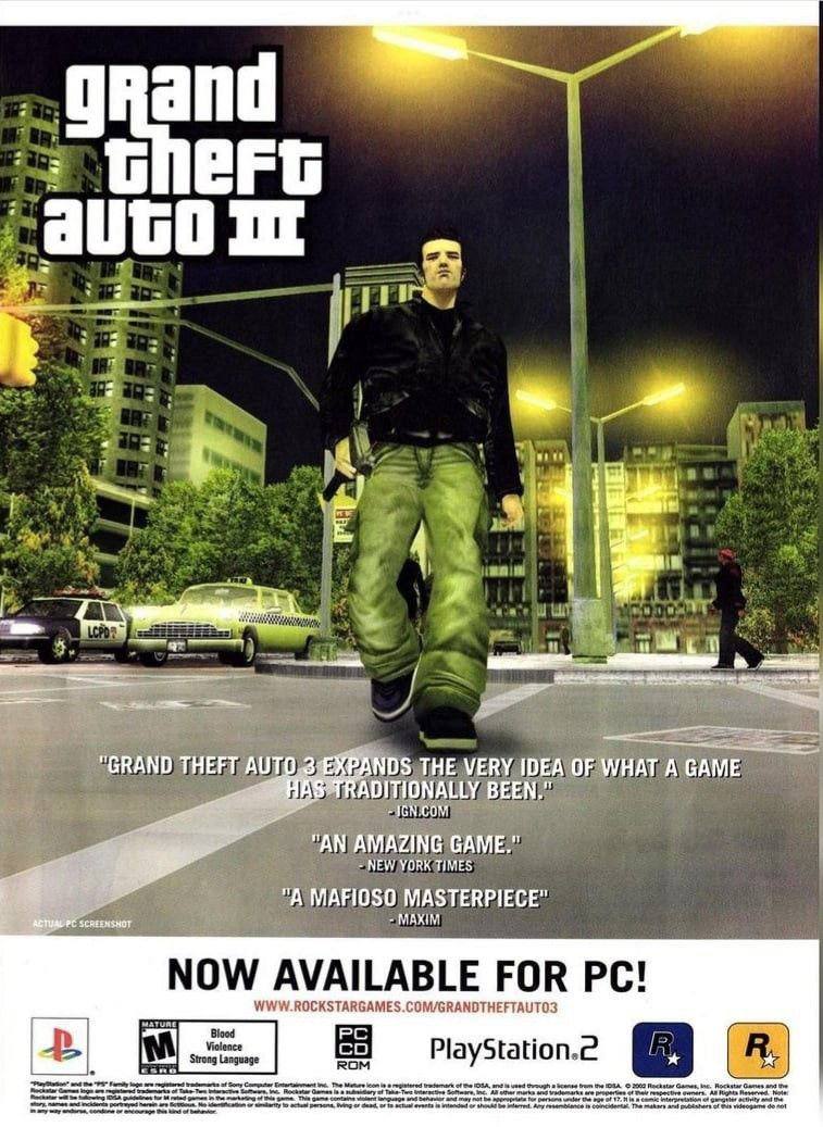 and iil as с 7 4 2 a 8 i “GRAND "AN GAN “A МАНО$0 МАЗТЕВРИЕСЕ" SCREENSHOT. NOW AVAILABLE FOR WWW.ROCKSTARGAMES.COM/GRANDTHEFTAUTO3 MATURE PlayStation.c