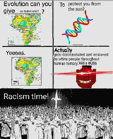 Evolution can уси] То protect you from give the sun? Actually gets discriminated and enslaved i white people throughout human history, BOSS =a Racism