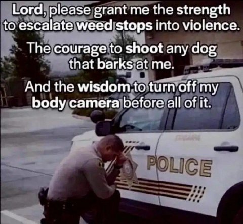 Lord, please grant me the strength to escalate weed stops into violence The courage to shoot any dog that barks at me. And the wisdom to turn off my body camera before all of it.