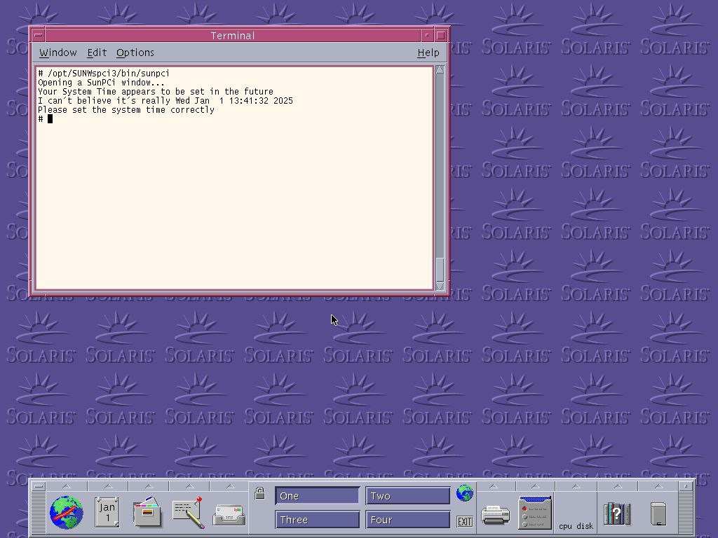 8 HOpening a SunPCi window... Вусиг System Time appears to be set in the future can’t believe it’s really Wed Jan 1 13:41:32 2028 set the system time correctly One Two 4 i 9 [Three Four 2.