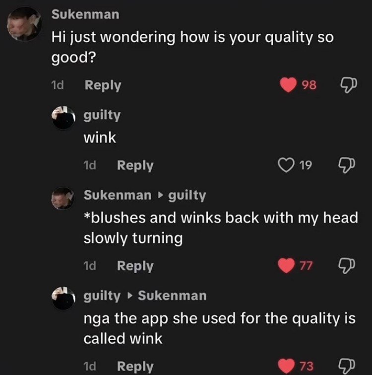 Sukenman 4 just wondering how is your quality so good? Reply 98 guilty wink Reply 19 Sukenman guilty *blushes and winks back with my head slowly turning Reply 77 guilty Sukenman nga the app she used f