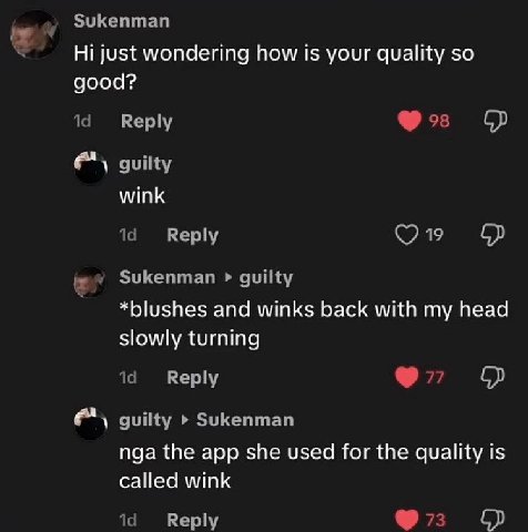 Sukenman 4 just wondering how is your quality so good? Reply 98 guilty wink Reply 19 Sukenman guilty *blushes and winks back with my head slowly turning Reply 77 guilty Sukenman nga the app she used f