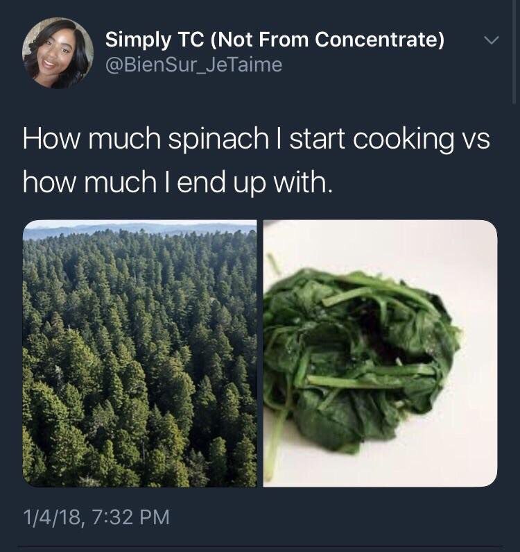 Simply (Not From Concentrate) @BienSur_JeTaime How much spinach start cooking how much end up with. тай 1/4/18, 7:32