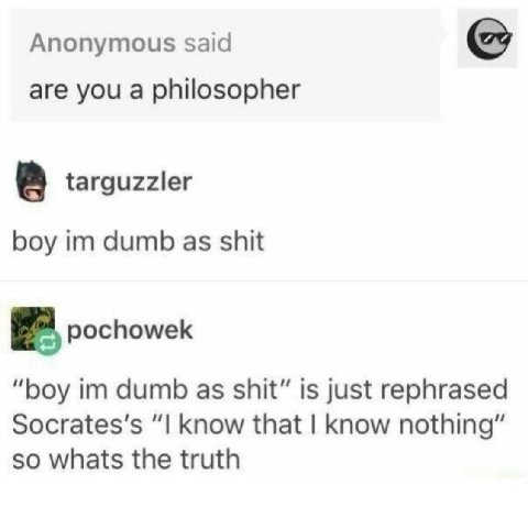 Anonymous said are you a philosopher targuzzler boy dumb as shit pochowek “boy dumb as shit” is just rephrased Socrates's know that know nothing” so whats the truth