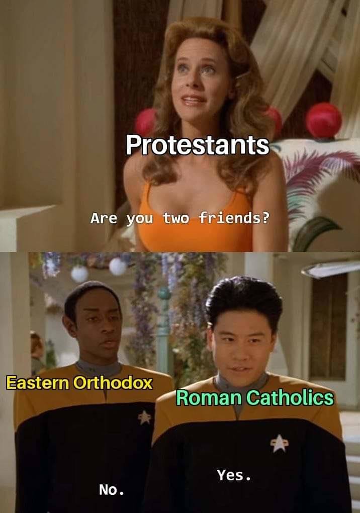 Protestants Аге you two friends? Eastern Cat holics Yes. No