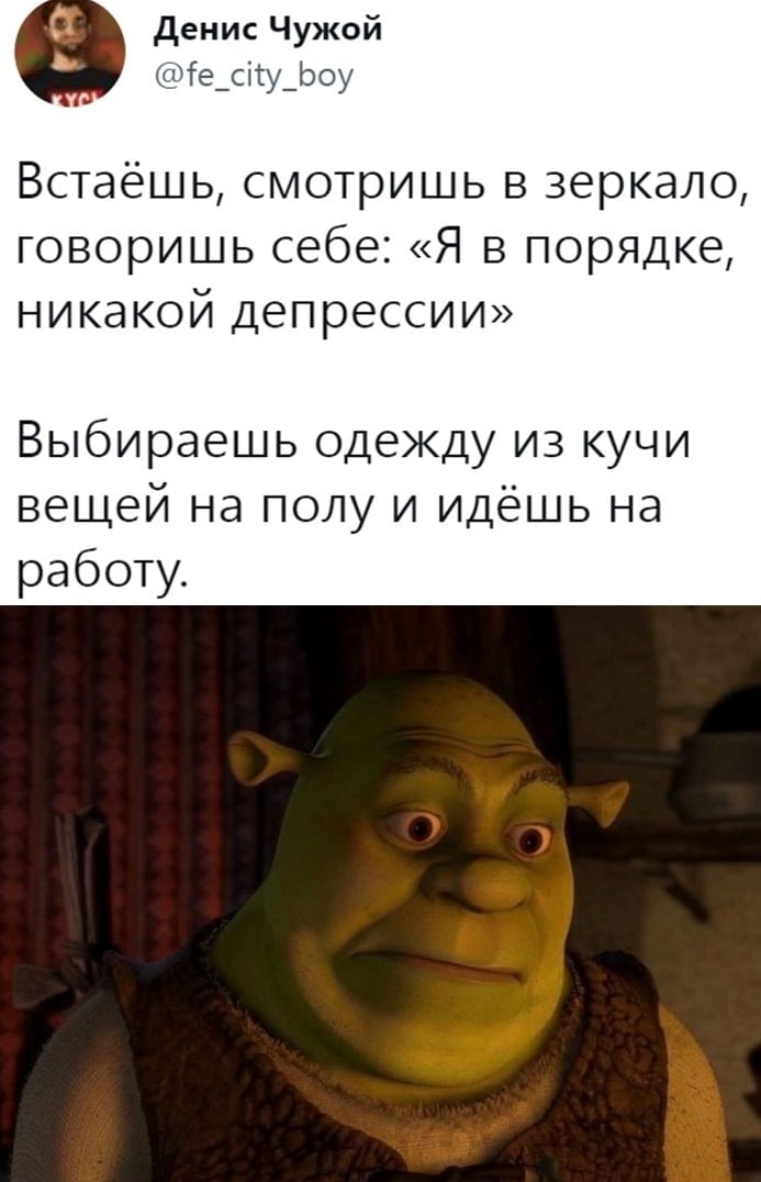 Денис Чужой @fe_city_boy Встаешь, смотришь в зеркало, говоришь себе: «Я в порядке, никакой депрессии» Выбираешь одежду из кучи вещей на полу и идёшь на работу.