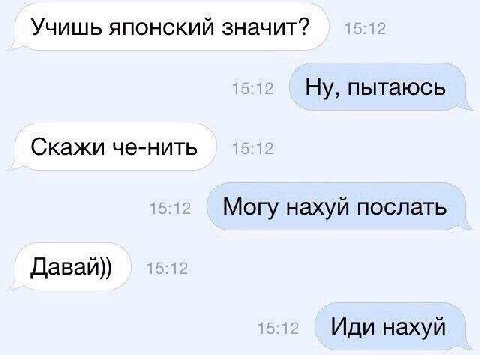 Учишь японский значит? Ну, пытаюсь Скажи че-нить Могу нахуй послать Давай)) Иди нахуй