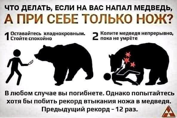 ЧТО ДЕЛАТЬ, ЕСЛИ НА ВАС НАПАЛ МЕДВЕДЬ, А ПРИ СЕБЕ ТОЛЬКО НОЖ? 1 Оставайтесь 2 Колите медведя непрерывно, Стойте спокойно пока не умрете В любом случае вы погибнете. Однако попытайтесь хотя бы побить р