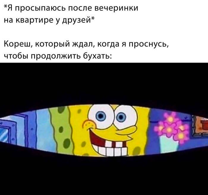 *Я просыпаюсь после вечеринки на квартире у друзей* Кореш, который ждал, когда я проснусь, чтобы продолжить бухать: