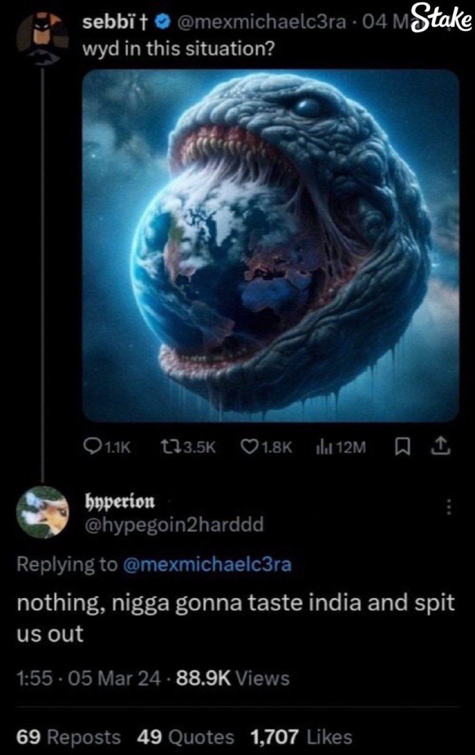 sebbit @mexmichaelc3ra 04 in this situation? к ©21.8к A @hypegoin2harddd Replying to @mexmichaelc3ra nothing, nigga gonna taste india and spit out 1:55 05 Mar 24 Views 69 Reposts 49 Quotes 1,707 Likes