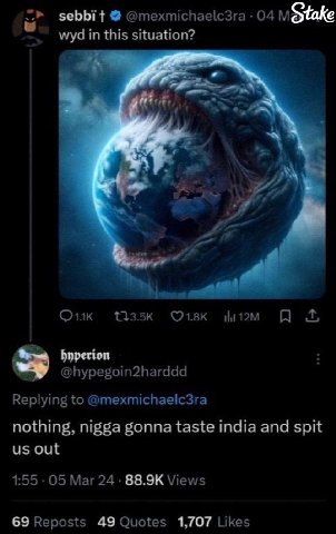 sebbit @mexmichaelc3ra 04 in this situation? к ©21.8к A @hypegoin2harddd Replying to @mexmichaelc3ra nothing, nigga gonna taste india and spit out 1:55 05 Mar 24 Views 69 Reposts 49 Quotes 1,707 Likes