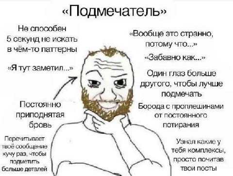 «Подмечатель» Не способен «Вообще это странно, 5 секунд не искать потому что...» в чём-то паттерны «Забавно как...» «Я тут заметил...» Один глаз больше другого, чтобы лучше подмечать Постоянно Борода 