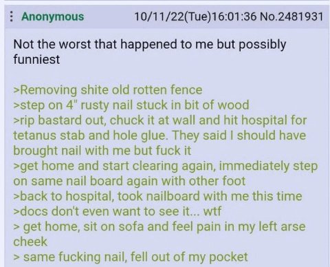 Anonymous 10/11/22(Тие)16:01:36 №.2481931 Not the worst that happened to me but possibly funniest >Removing shite old rotten fence >step on 4" rusty nail stuck in bit of wood >rip bastard out, chuck i