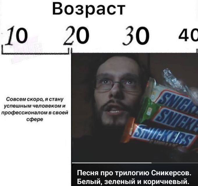 Возраст 20 30 Совсем скоро, я стану успешным человекоми профессионалом в своей сфере Песня про трилогию Сникерсов Белый, зеленый и коричневыи