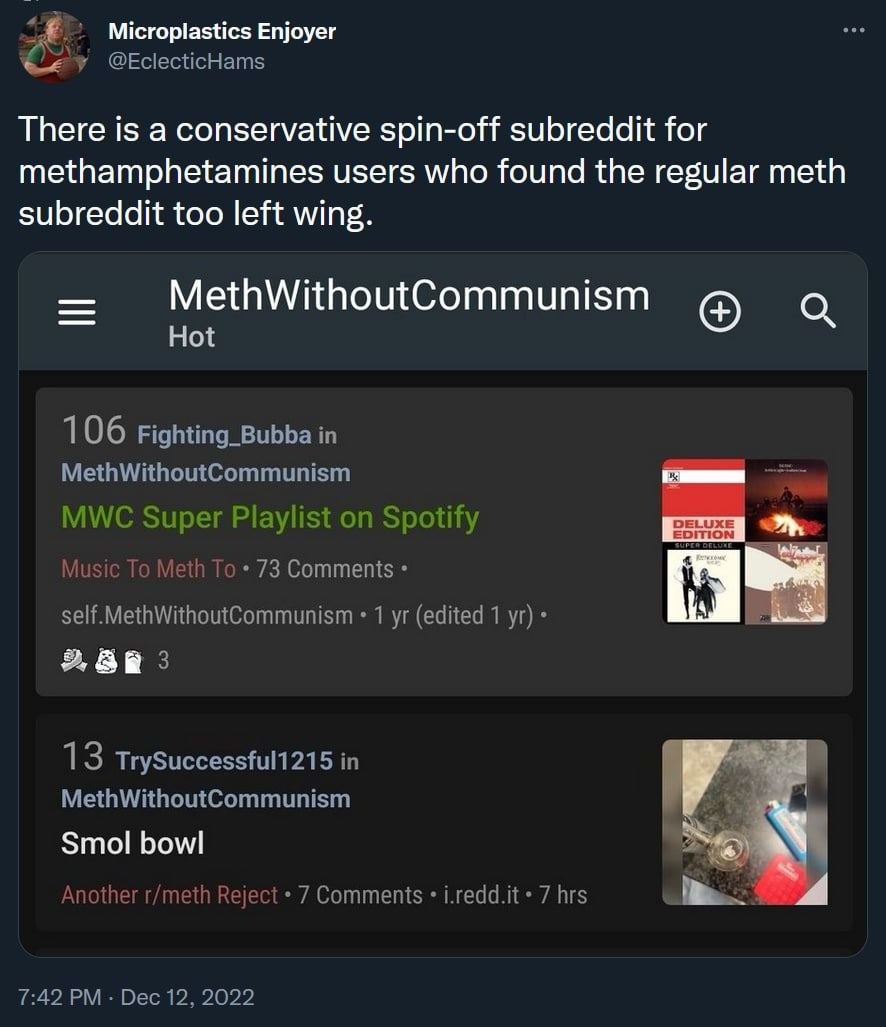 Microplastics Enjoyer There is a conservative spin-off subreddit for methamphetamines users who found the regular meth subreddit too left wing. о Hot 2, Smol Бом 4