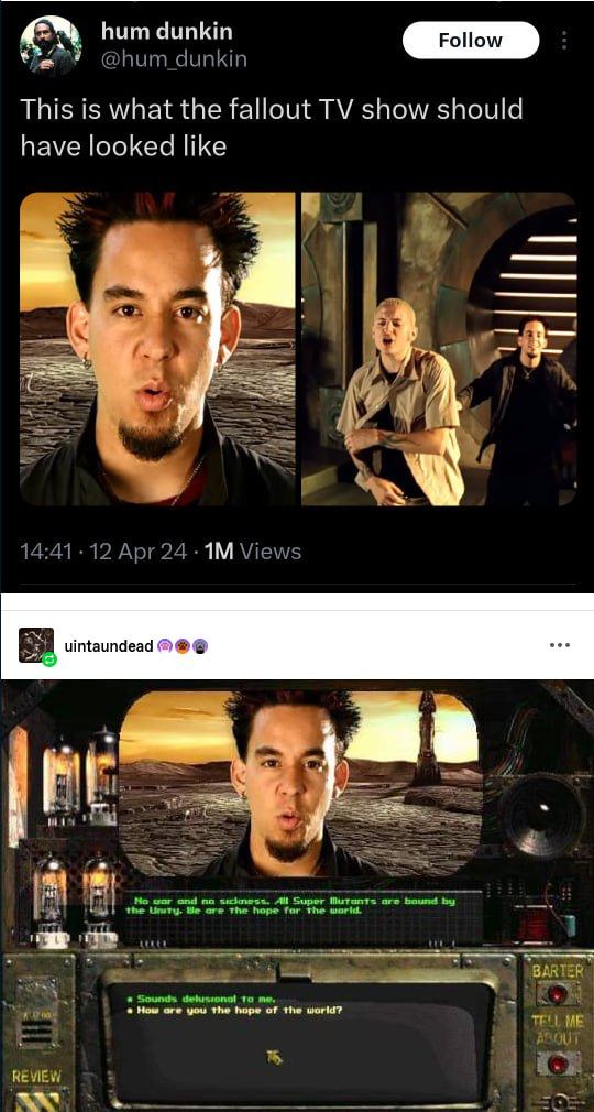 @hum_dunkin This is what the fallout show should have looked like i a 14:41 12 Арг24 Views war and All Super Mutants the Be ore the hope for the world BARTER Sounds то me. How ore you the hope of the 