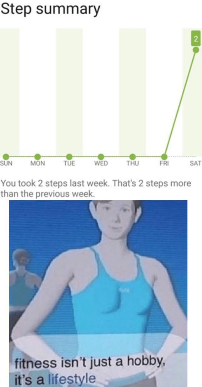Step summary SUN MON TUE WED THU FRI SAT You took 2 steps last week. That's 2 steps more than the previous week. В just a