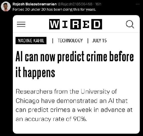 Rajesh Balasubramanian о Forbes 30 under 30 has been doing this for years. TECHNOLOGY can now predict crime before it happens Researchers from the University of Chicago have demonstrated an that can p