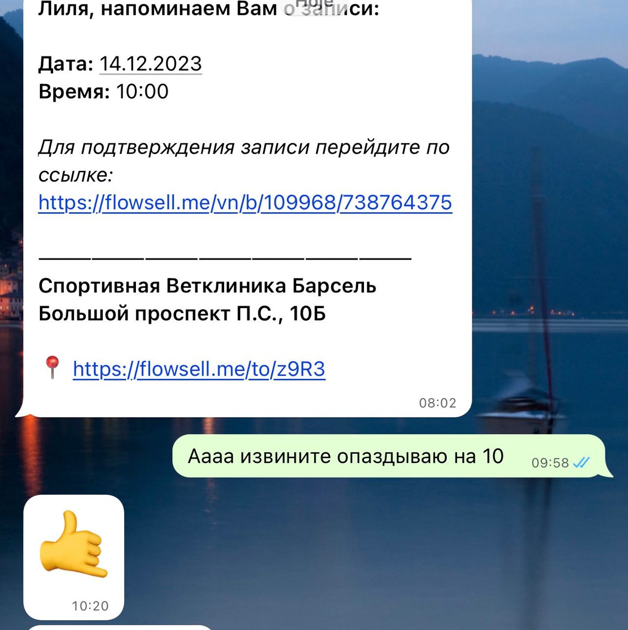 Лиля, напоминаем Вам о'53йиси: Дата: 14.12.2023 Время: 10:00 Для подтверждения записи перейдите по ссылке: https://flowsell.me/vn/b/109968/738764375 Спортивная Ветклиника Bapcenb Большой проспект 10Б 