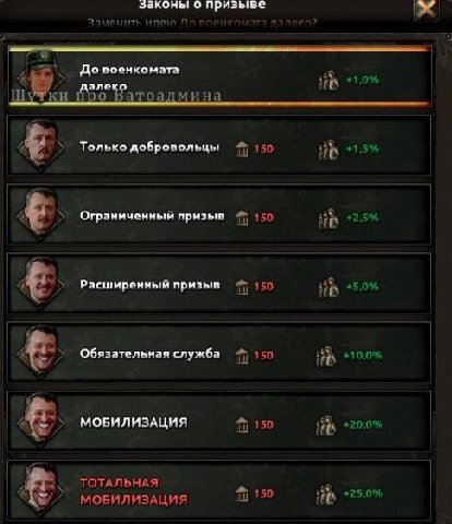 призыве До военкомата 4 ane 41.0% а мина Только добровольцы 150 +1.5% 150 Ограниченный призыв Расширенный призыв 150 +5.0% Обязательная служба 150 +10.0% МОБИЛИЗАЦИЯ 150 +20.0% ТОТАЛЬНАЯ 150 +25.0% МО