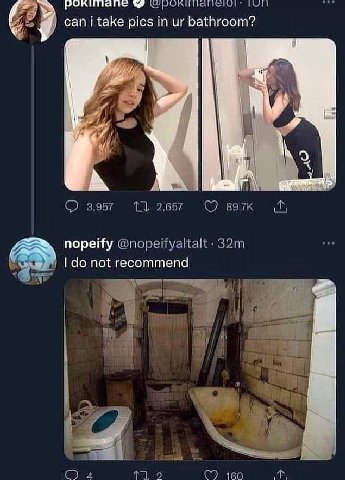 can i take pics in bathroom? 1 3,957 2657 вэтк nopeify @nopeifyaltalt one not recommend В 4 160