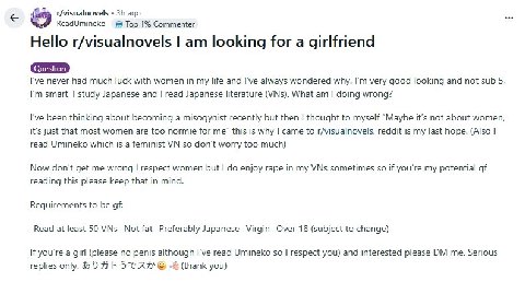r/visualnovels ago ReadUmineko_ #9 Тор 1% Commenter Hello r/visualnovels looking for a girlfriend I've never had much luck with women in my life and I've always wondered why. very good looking and not