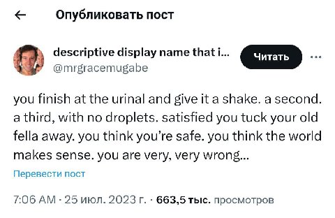 Опубликовать пост descriptive display name that i... @mrgracemugabe you finish at the urinal and give it a shake. a second a third, with no droplets. satisfied you tuck your old fella away. you think 