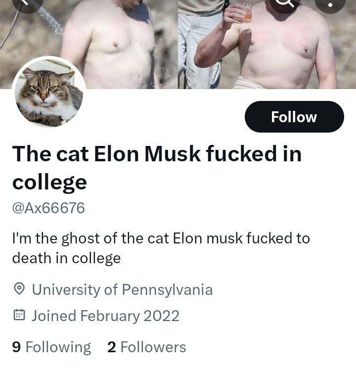 The cat Elon Musk fucked in college the ghost of the cat Elon musk fucked to death in college University of Pennsylvania Joined February 2022 9 Following