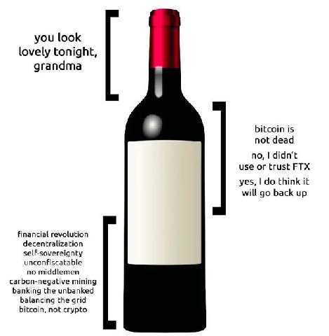 you look lovely tonight, grandma bitcoin is not dead no, didn’t use or trust FTX yes, think it will back up financial revolution decentralization self-sovereignty unconfiscatable no middlemen carbon-n