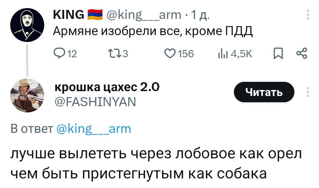 KING 1 о Армяне изобрели все, кроме ПДД ©2156 крошка цахес 2.0 @FASHINYAN В ответ @king агт лучше вылететь через лобовое как орел чем быть пристегнутым как собака